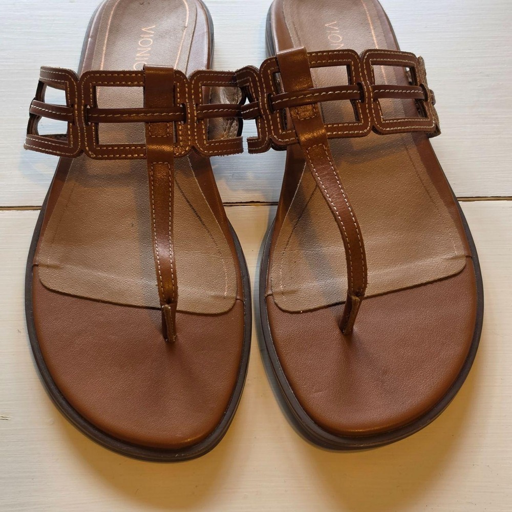 Vionic Alvana Women Tan Leather T-Strap Geometric Orthotic Thong Sandal Size 9